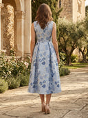 A Line Tea Boat Neck Mother of the Bride Dresses with Prin Flower
