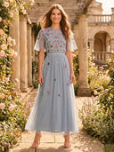 A Line Tulle Round Neck Tea Length Mother of the Bride Dresses