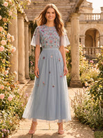 A Line Tulle Round Neck Tea Length Mother of the Bride Dresses