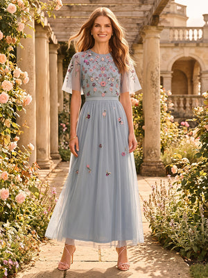 A Line Tulle Round Neck Tea Length Mother of the Bride Dresses