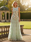 Mermaid Tulle Round Neck Long Mother of the Bride Dresses with Embroidery