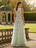 Mermaid Tulle Round Neck Long Mother of the Bride Dresses with Embroidery