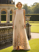 A Line Tulle Halter Long Mother of the Bride Dresses with Embroidery
