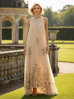 A Line Tulle Halter Long Mother of the Bride Dresses with Embroidery