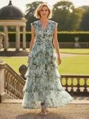 A Line Tulle V Neck Long Mother of the Bride Dresses with Print