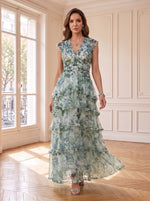 A Line Tulle V Neck Long Mother of the Bride Dresses with Print
