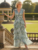 A Line Tulle V Neck Long Mother of the Bride Dresses with Print