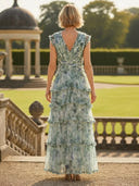 A Line Tulle V Neck Long Mother of the Bride Dresses with Print