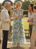 A Line Tulle V Neck Long Mother of the Bride Dresses with Print