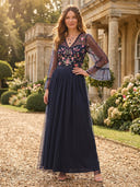 A Line Tulle V Neck Long Sleeves Mother of the Bride Dresses with Embroidery