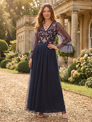 A Line Tulle V Neck Long Sleeves Mother of the Bride Dresses with Embroidery