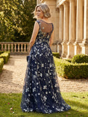 A Line Tulle Boat Neck Sleeveless Mother of the Bride Dresses with Embroidery