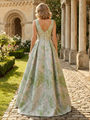 Satin V Neck Long Mother of the Bride Dresses with Embroidery