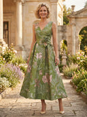 A Line Satin V Neck Sleeveless Tea Length Mother of the Bride Dresses with Embroidery