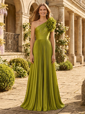 A Line Satin One Shoulder Mother of the Bride Dresses with Flower