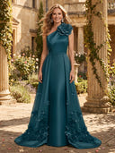 Satin One Shoulder A Line Long Mother of the Bride Dresses with Flower