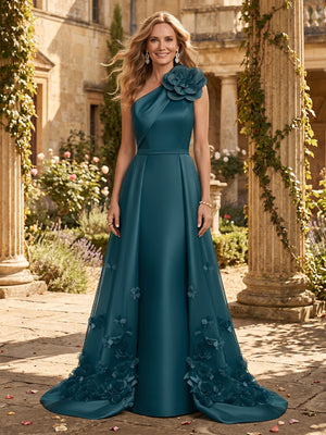 Satin One Shoulder A Line Long Mother of the Bride Dresses with Flower
