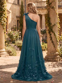 Satin One Shoulder A Line Long Mother of the Bride Dresses with Flower