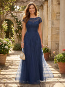 Tulle A Line Jewel Short Sleeves Mother of the Bride Dresses with Lace