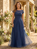 Tulle A Line Jewel Short Sleeves Mother of the Bride Dresses with Lace