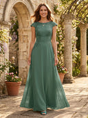 Chiffon A Line Cowl Neck Short Sleeves Mother of the Bride Dresses with Lace Appliques