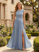 Chiffon A Line Cowl Neck Long Mother of the Bride Dresses with Slit