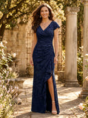 Jacquard Mermaid V Neck Short Sleeves Long Mother of the Bride Dresses with Ruffles