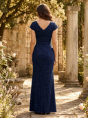 Jacquard Mermaid V Neck Short Sleeves Long Mother of the Bride Dresses with Ruffles