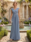 Chiffon Mermaid V Neck Sleeveless Long Mother of the Bride Dresses with Pleated