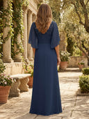 Chiffon Mermaid V Neck Cape Sleeves Long Mother of the Bride Dresses with Pleated