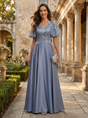 Satin A Line V Neck Short Sleeves Long Mother of the Bride Dresses with Sequin