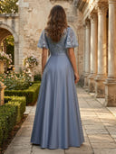 Satin A Line V Neck Short Sleeves Long Mother of the Bride Dresses with Sequin