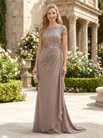Chiffon Mermaid Short Sleeves Long Mother of the Bride Dresses with Sequin