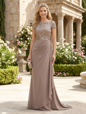 Chiffon Mermaid Short Sleeves Long Mother of the Bride Dresses with Sequin