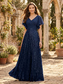 Chiffon A Line V Neck Short Sleeve Long Mother of the Bride Dresses with Sequin