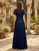 Chiffon A Line V Neck Short Sleeve Long Mother of the Bride Dresses with Sequin