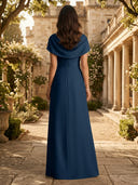 Satin A Line Off Shoulder Long Mother of the Bride Dresses with Ruffles