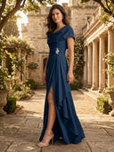 Satin A Line Off Shoulder Long Mother of the Bride Dresses with Ruffles