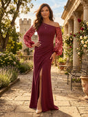 Satin Mermaid Long Sleeves Mother of the Bride Dresses with Slit