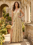 A Line V Neck Sleeveless Long Mother of the Bride Dresses with Ruffles