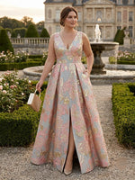Floral Jacquard Satin A Line V Neck Long Mother of the Bride Dresses with Slit