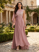 Chiffon A Line Cape Sleeves Long Mother of the Bride Dresses with Lace