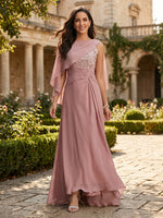 Chiffon A Line Cape Sleeves Long Mother of the Bride Dresses with Lace