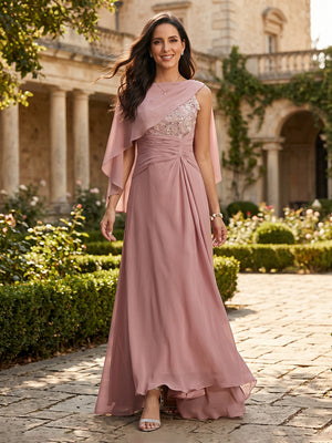 Chiffon A Line Cape Sleeves Long Mother of the Bride Dresses with Lace
