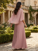 Chiffon A Line Cape Sleeves Long Mother of the Bride Dresses with Lace
