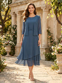 Chiffon A Line 2 Pieces Tea Length Mother of the Bride Dresses with Pleated