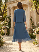 Chiffon A Line 2 Pieces Tea Length Mother of the Bride Dresses with Pleated
