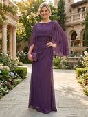 Chiffon Sheath Cape Sleeves Long Mother of the Bride Dresses with Pleated