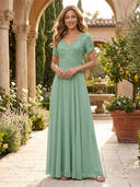 Chiffon A Line V Neck Short Sleeves Long Mother of the Bride Dresses with Sequin