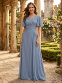 Chiffon A Line V Neck Short Sleeves Long Mother of the Bride Dresses with Pleats